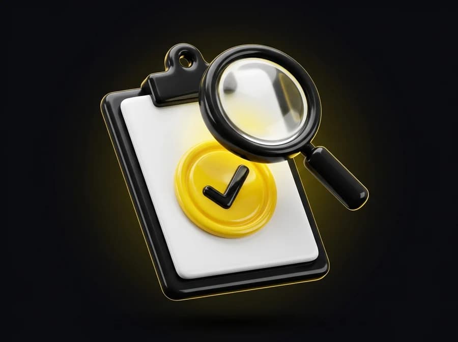 A clipboard under a magnifying glass with a yellow checked seal