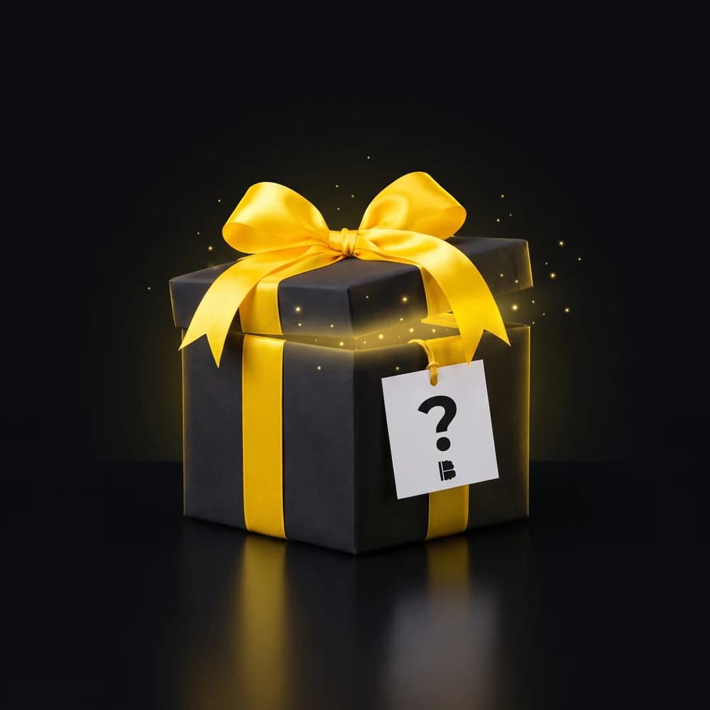 A black gift box with a yellow ribbon and a question-mark tag